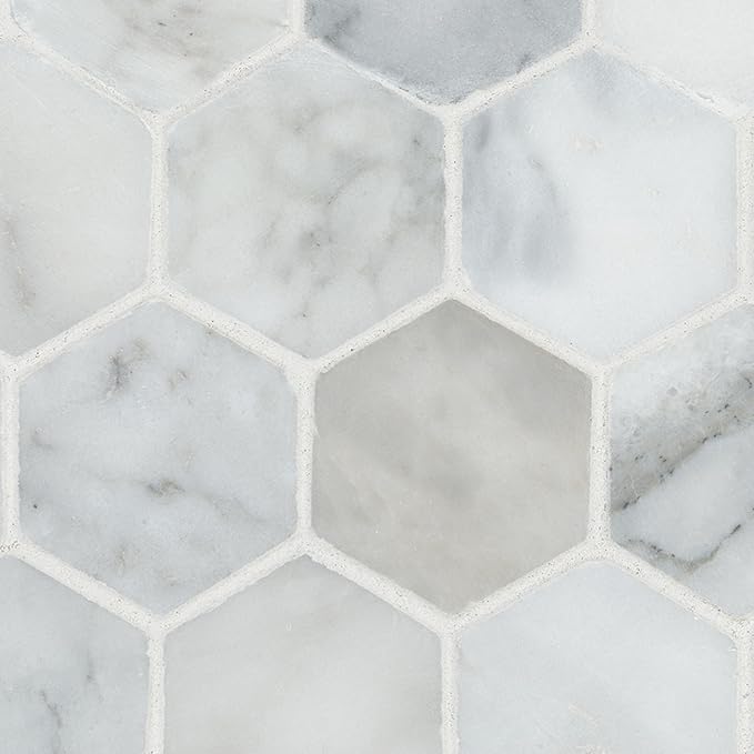 MSI Calacatta Cressa 12 in. x 12 in. Hexagon Honed Marble Tile – Kitchen Backsplash, Bathroom Wall, Accent or Shower Wall, Mesh-Mounted Mosaic, White