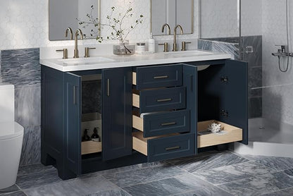 ARIEL Taylor 66-inch Bathroom Vanity with Sink,Solid Wood, 1.5-inch Pure White Quartz Countertop, Double Rectangular Porcelain Sink, 4 Soft Closing Doors, 5 Dovetail Drawers, Midnight Blue