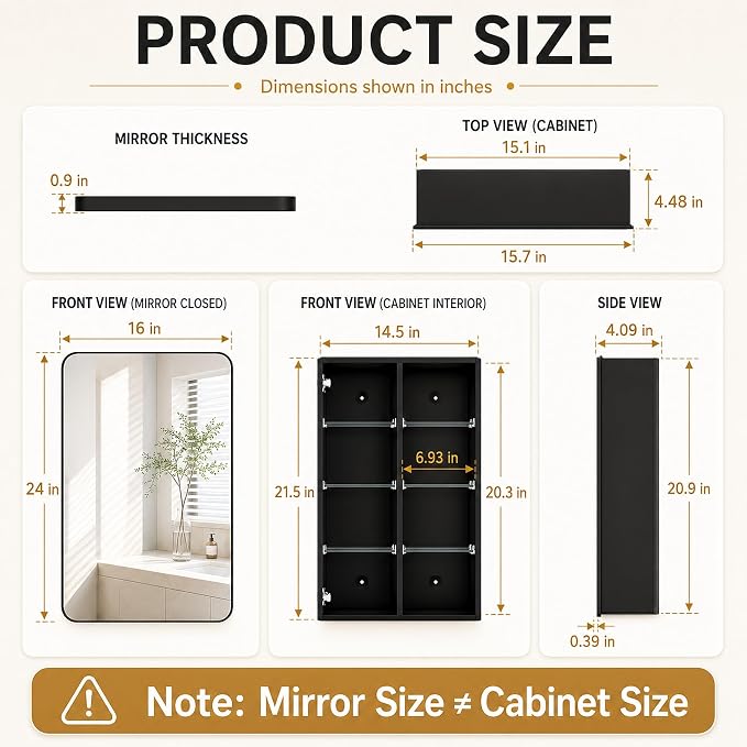 16x24 Black Medicine Cabinet with Mirror, Recessed & Surface Mount | Bathroom mirror with storage: 6 adjustable shelves fit tall bottles; DTC soft-close hinges; rust-resistant aluminum
