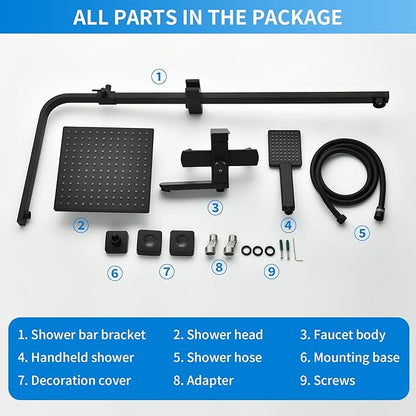 Taplong Matte Black Outdoor Shower Fixture Exposed Bathroom Shower Faucet Set,Shower System with 9" Rain Shower Head Handheld Sprayer Single Handle, SUS304 Triple Function Wall-Mounted Faucet