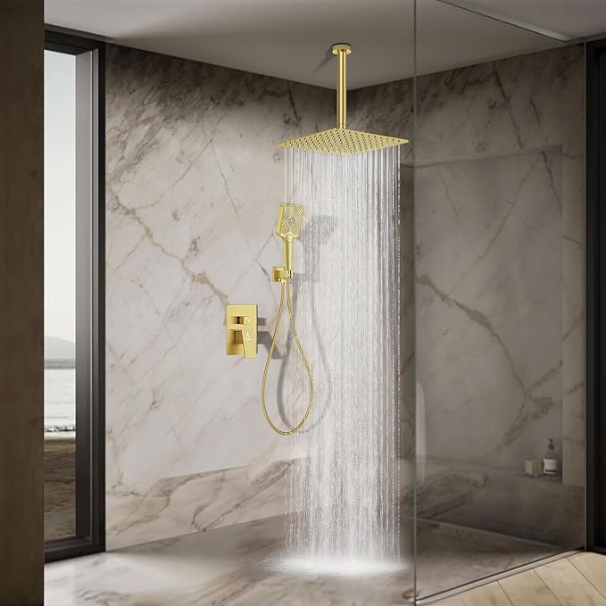 Shower System 12IN Modern Rain Brass Faucet Set With Valve and Diverter Shower Mixer With Handheld High Pressure Square Rainfall Shower Valve (12'' Ceiling Mount, Brushed Gold)