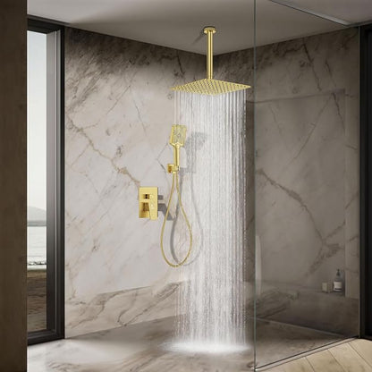 Shower System 12IN Modern Rain Brass Faucet Set With Valve and Diverter Shower Mixer With Handheld High Pressure Square Rainfall Shower Valve (12'' Ceiling Mount, Brushed Gold)