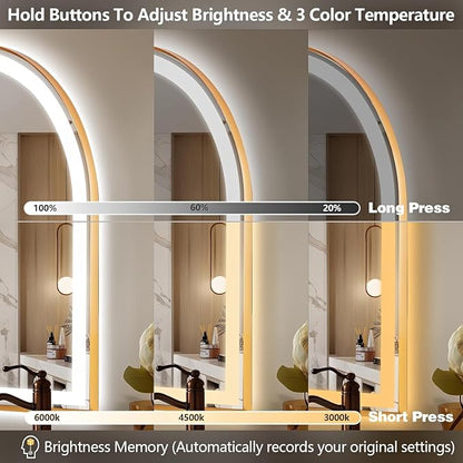 Arched LED Bathroom Mirror, 48"x24" Arch Backlit Vanity Mirror with Lights, Frontlit, Dimmable, 3 Colors, Memory Function, Anti-Fog Smart Mirror, Gold Frame, Shatterproof, UL Listed