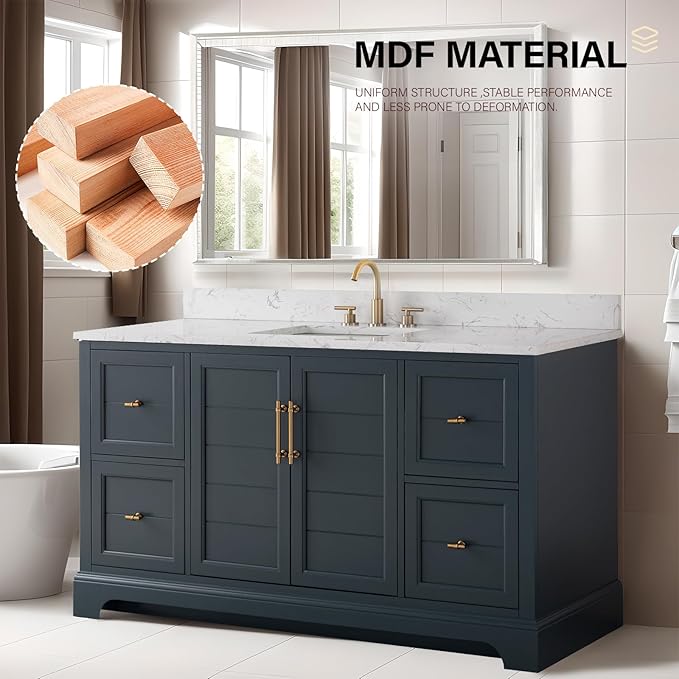 HOMEBEYOND 60 Inch Bathroom Vanity with Single Sink & Ceramic Top, Vanity Cabinet with Center Countertop Basin, Soft-Closing Doors, Backsplash, Vintage Spruce Blue