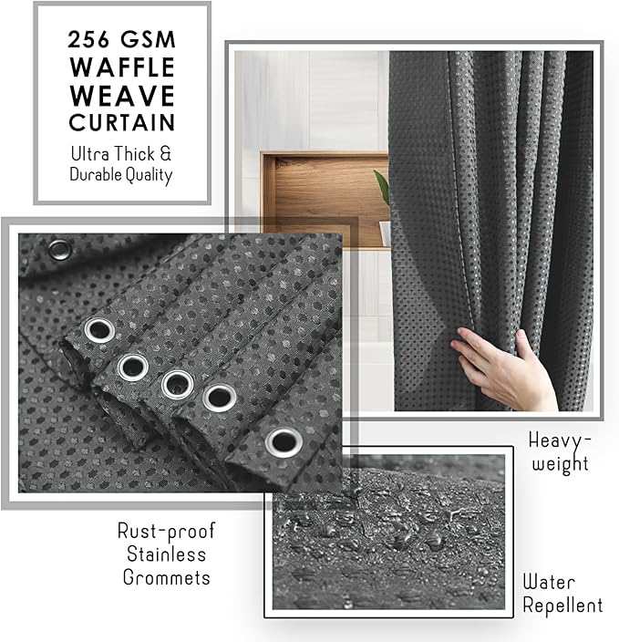 Clara Clark Grey Shower Curtain - Hotel Quality Waffle Fabric Bath Curtain 72x72, Heavy Duty Waterproof Shower Curtains for Bathroom