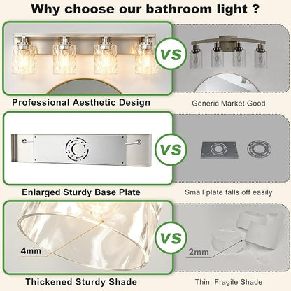 Modern Bathroom Lighting Fixtures Over Mirror, Vanity Lights for Bathroom, Wall Sconces with Clear Glass Shades, E26 Ceramic Socket, 4-Light 27.5-inch Brushed Nickel