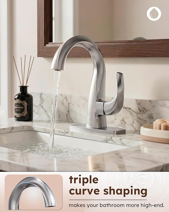 WOWOW Single Handle Bathroom Faucet, 1 Hole, High Arc, Brushed Nickel, Pop-up Drain, Solid Brass, Commercial Bathroom Sink Faucet, Basin Vanity Bar Faucet