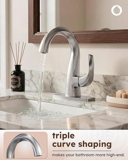 WOWOW Single Handle Bathroom Faucet, 1 Hole, High Arc, Brushed Nickel, Pop-up Drain, Solid Brass, Commercial Bathroom Sink Faucet, Basin Vanity Bar Faucet