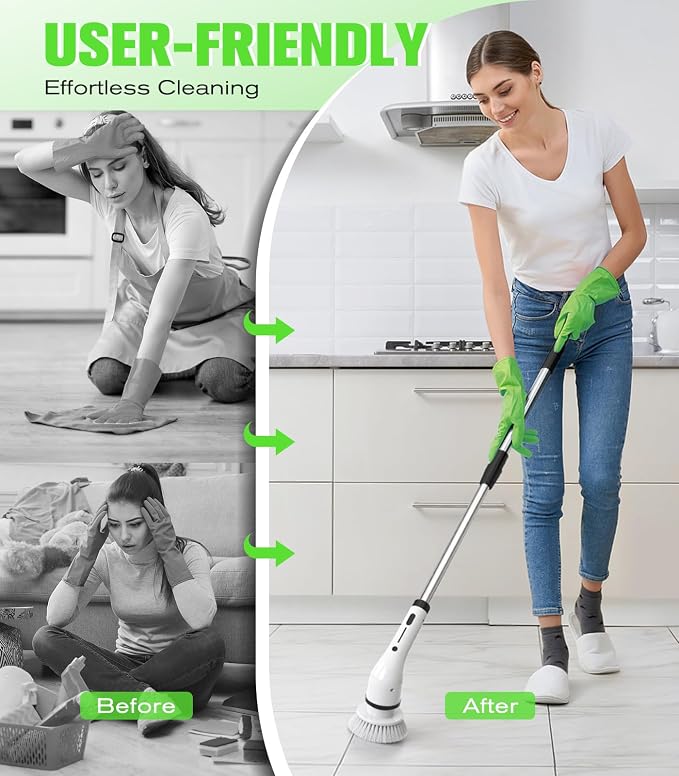 Electric Spin Scrubber, 3-Speed Flat End Brush with 8 Brush Heads & Base, Adjustable Long Handle, Digital Display, 2500mAh Fast Charging, for Bathroom, Tub, Tile, Floor（White