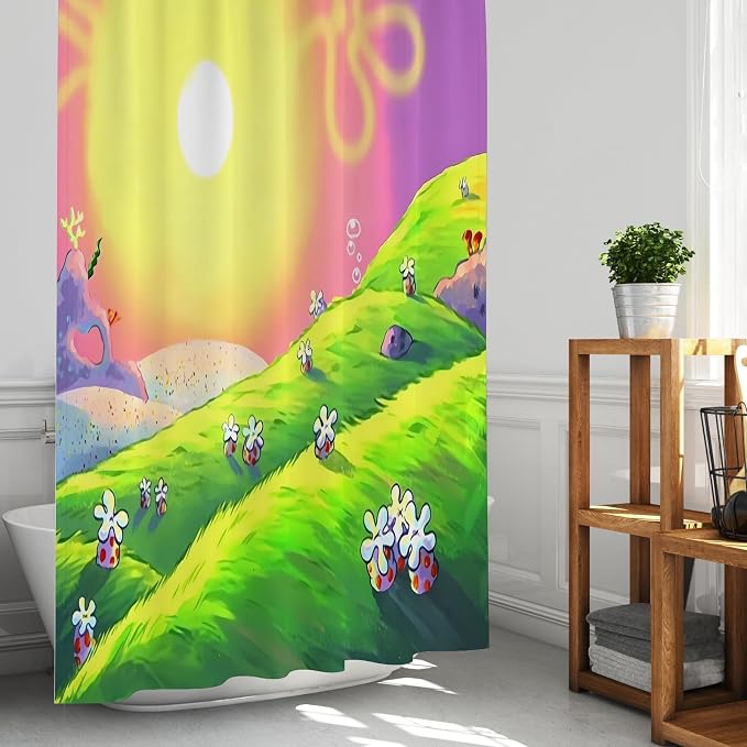 Anime Cartoon Green Hill Sunset Shower Curtain Set 72x72 Inches | Anime Cartoon Green Hill Sunset Landscape Print, Whimsical Home Guest Housewarming Cartoon Lover Bathroom Decor, With Hooks