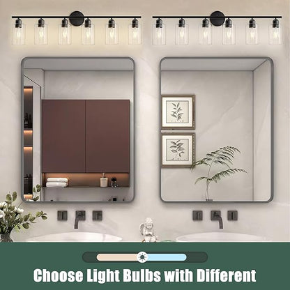 Espird 6 Lights Bathroom Vanity Light Fixtures Matte Black,Rustic Farmhouse Vanity Lighting Over Mirror Modern Industrial Lamp with Cylinder Glass Shade UL Certified