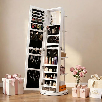 IRONCK 360° Swivel Jewelry Cabinet with Full-Length Mirror, Power Outlet | Lockable Standing Jewelry Organizer with Rear Storage Shelves, Interior Mirror, LED Lights, White