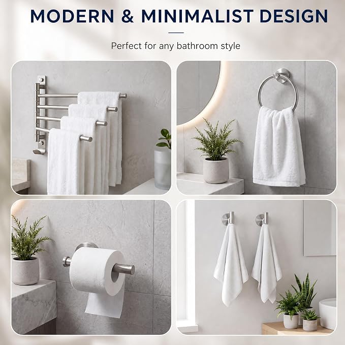 LemonRoad 5 Pcs Bathroom Hardware Set, Stainless Steel Wall Mounted Bathroom Towel Rack and Ring, 13.8" Swivel Towel Rack, Toilet Paper Holder, Robe Hooks, Space-Saving, for Modern Bath