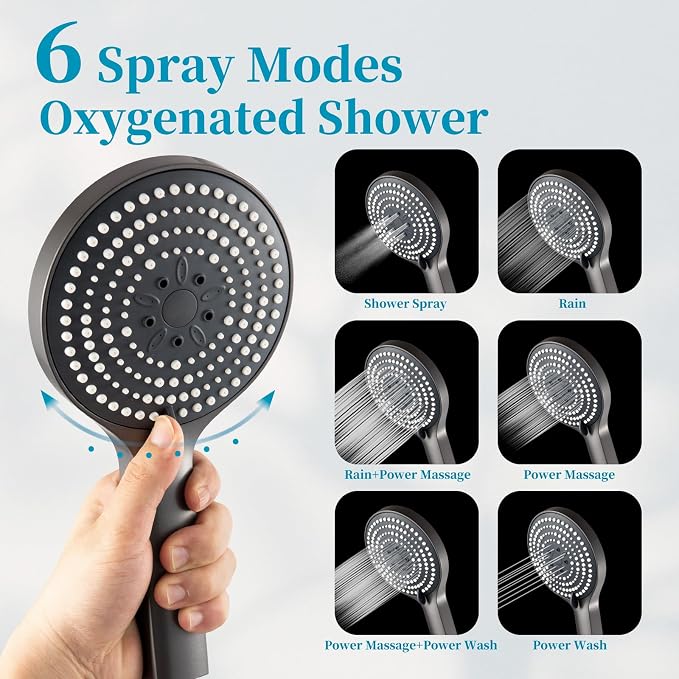 OFFO Handheld Shower Head Set, 6-Mode High Pressure Handheld Sprayer with 60" Ultra-Flex PVC Shower Hose, High Flow Large Powerful Boosting Handheld Showerhead for Low Water Pressure, Charcoal Grey