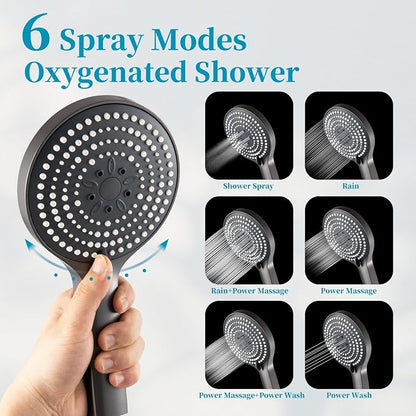 OFFO Handheld Shower Head Set, 6-Mode High Pressure Handheld Sprayer with 60" Ultra-Flex PVC Shower Hose, High Flow Large Powerful Boosting Handheld Showerhead for Low Water Pressure, Charcoal Grey