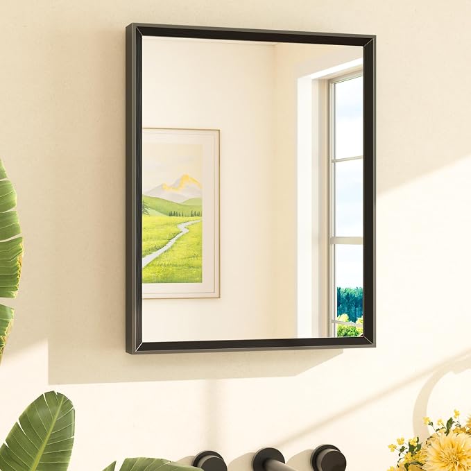 Black Bathroom Mirror 16" x 20" Matte Black Rectangle Beveled Framed Bathroom Vanity Mirror for Over Sink, Tempered Glass, Shatterproof, Stronger Frame, Modern Farmhouse Bedroom, Entryway
