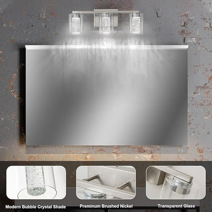 SineRise 3-Light Brushed Nickel Vanity Light with 3 Color Modes (3000K/4000K/6000K), Eye Protection LED Bathroom Light Fixture, Dimmable Modern Wall Light Over Mirror with Clear Glass Shade