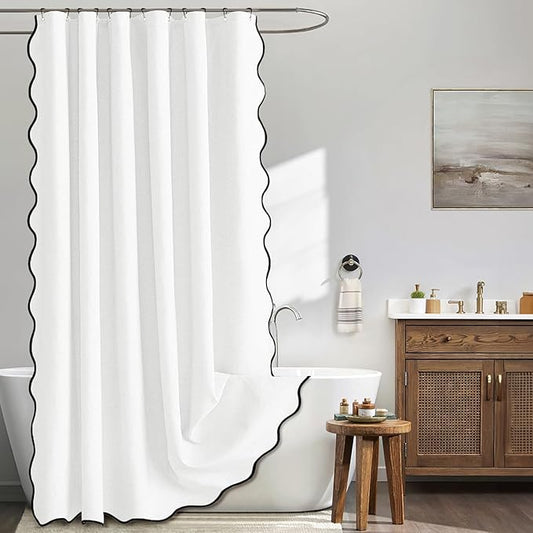 MIULEE White Scalloped Linen Shower Curtain 72x78 Inches | Linen Textured, Waterproof, Washable, 12 Metal Hooks, Heavy Duty Cloth, Black Border, Shower Curtain for Bathroom Bathtub