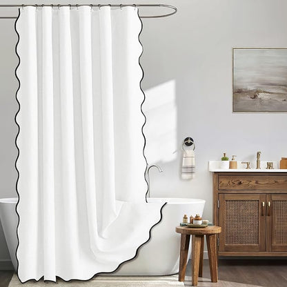 MIULEE 72"x90" Extra Long Scalloped Polyester Shower Curtain White | Linen Textured, Waterproof, Washable, 12 Metal Hooks, Heavy Duty Cloth, Black Border, Shower Curtain for Bathroom Bathtub