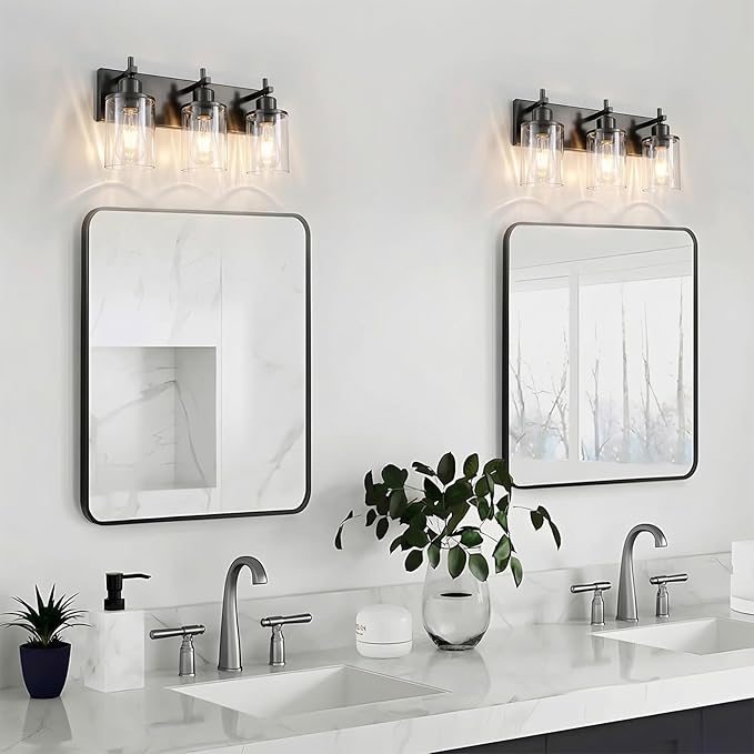 3-Light Black Bathroom Light Fixture Over Mirror Modern Farmhouse Bathroom Vanity Light Vintage Wall Lighting with Clear Glass Shade for Bathroom, Bedroom, Hallway, Cabinet