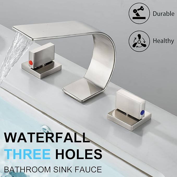 Brushed Nickel Bathroom Faucet 3 Hole,Ultrathin Low Arc 8 inch Widespread Bathroom Sink Faucet,Waterfall Bathroom Faucet,2-Handle Modern Vanity Faucet with Hot and Cold Water Supply Hoses