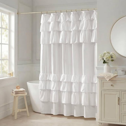 Madison Park Grace Ruffle Shower Curtain for Bathroom, 72"x 72", White | Farmhouse Cottage Top, Machine Washable, Shabby Chic Ruffled Decor Fabric, Privacy Screen, Solid Color