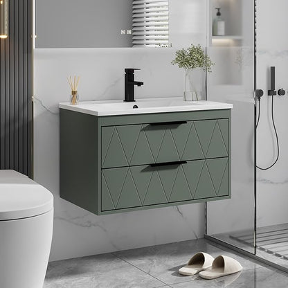 eclife 30" Bathroom Vanities Cabinet with Sink Combo, Wall Mounted Floating Cabinet W/Decor Line, Soft-Close System, 2 Extra Big Drawers, Matte Black Faucet, Gray Green