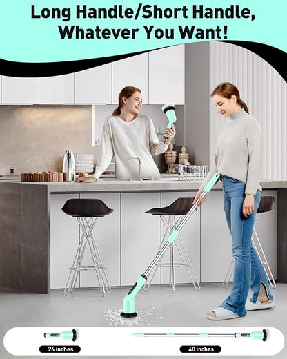 Electric Spin Scrubber for Bathroom, Shower Scrubber with Long Handle | Shower Cleaner Brushes, IPX7 Waterproof & 2 Speed, 3 Brush Heads, 90min Runtime, Bathroom Cleaning Supplies for Toilet Tub