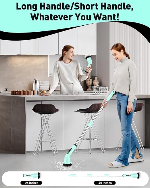 Electric Spin Scrubber for Bathroom, Shower Scrubber with Long Handle | Shower Cleaner Brushes, IPX7 Waterproof & 2 Speed, 8 Brush Heads, 90min Runtime, Bathroom Cleaning Supplies for Toilet Tub
