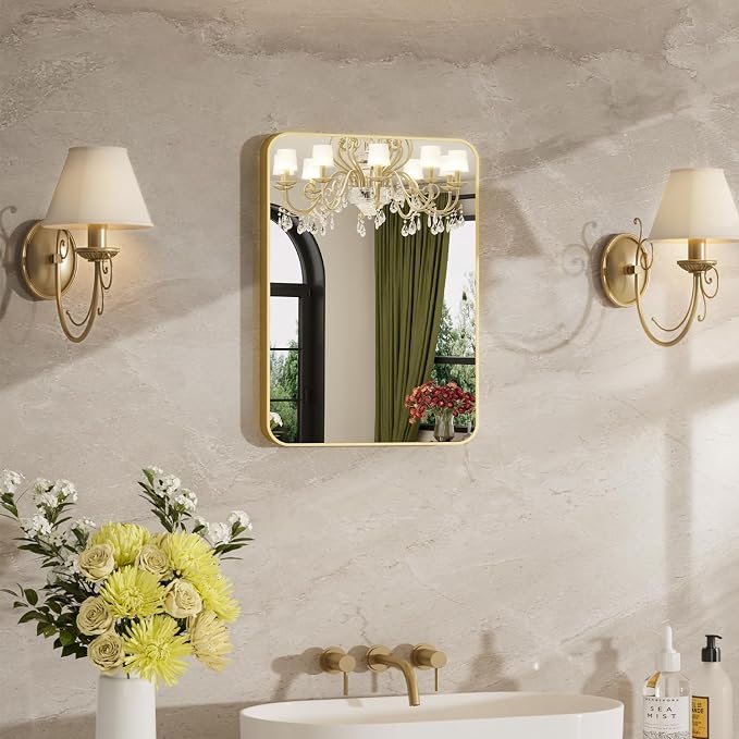 12"x16" Bathroom Mirror for Over Sink, Brushed Gold Rectangle Vanity Mirror | Aluminum Alloy Frame, Clear Reflection, Rust-Resistant, Vertical or Horizontal, Wall Mount, Bedroom and Entryway