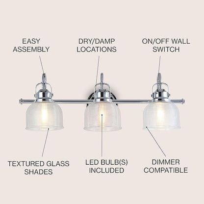 JONATHAN Y 25.25" Chrome Modern Bathroom Vanity Light, 3-Light LED Wall Sconce, Clear Glass Bell Shade for Mirror Hallway Kitchen, ETL Listed, LED Bulb Included (JYL7409A)