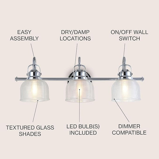 JONATHAN Y 25.25" Chrome Modern Bathroom Vanity Light, 3-Light LED Wall Sconce, Clear Glass Bell Shade for Mirror Hallway Kitchen, ETL Listed, LED Bulb Included (JYL7409A)