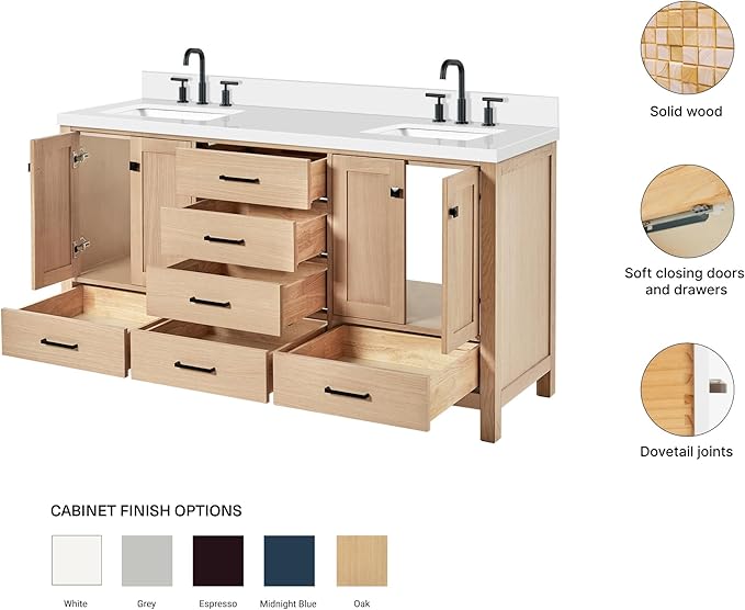 ARIEL Cambridge 66-inch Bathroom Vanity with Sink,Solid Wood, 1.5-inch Pure White Quartz Countertop, Double Rectangular Porcelain Sink, 4 Soft Closing Doors, 6 Dovetail Drawers, White Oak