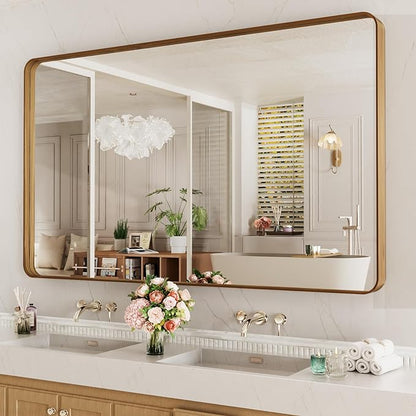 LOAAO 60X36 Inch Bathroom Mirror with Wood Grain Colored Metal Frame, Rounded Rectangle Metal Framed Bathroom Mirror, Anti-Rust, Hangs Horizontally or Vertically, Tempered Glass