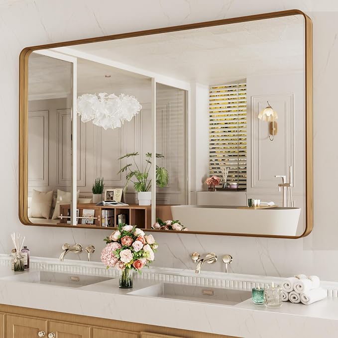 LOAAO 60X36 Inch Bathroom Mirror with Wood Grain Colored Metal Frame | Rounded Rectangle Metal Framed, Anti-Rust, Hangs Horizontally or Vertically, Tempered Glass