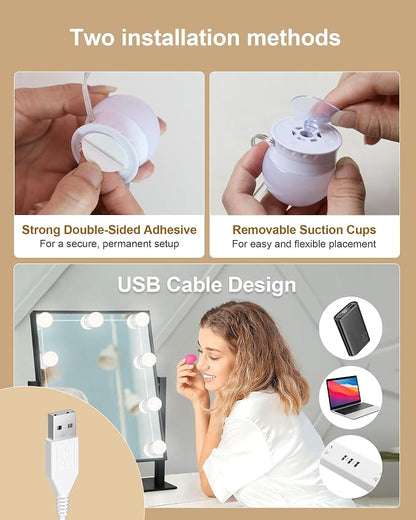 14 Bulbs LED Vanity Lights for Mirror, 3000K 4000K 6500K & 10-Brightness, Wire Length Adjustable, USB Cable, Hollywood Mirror Lights for Makeup Dressing Room Bathroom, White