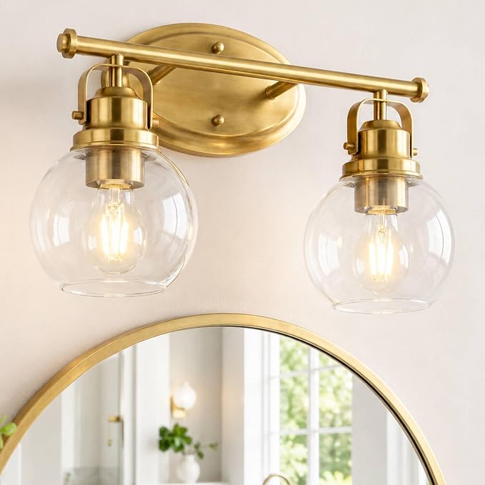 Gold Bathroom Light Fixtures, 2-Light 14" Vanity Lights with Clear Globe Glass Shades, Farmhouse Vintage Vanity Lighting Fixtures Over Mirror, E26 Base, AD-2147-2W-BG