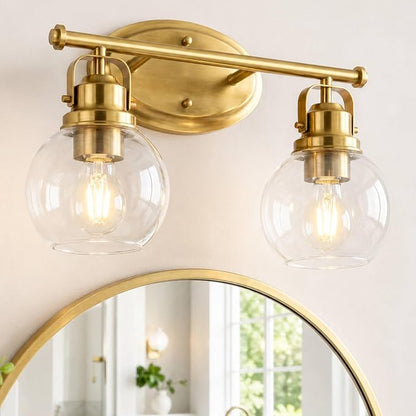 Gold Bathroom Light Fixtures, 2-Light 14" Vanity Lights with Clear Globe Glass Shades, Farmhouse Vintage Vanity Lighting Fixtures Over Mirror, E26 Base, AD-2147-2W-BG