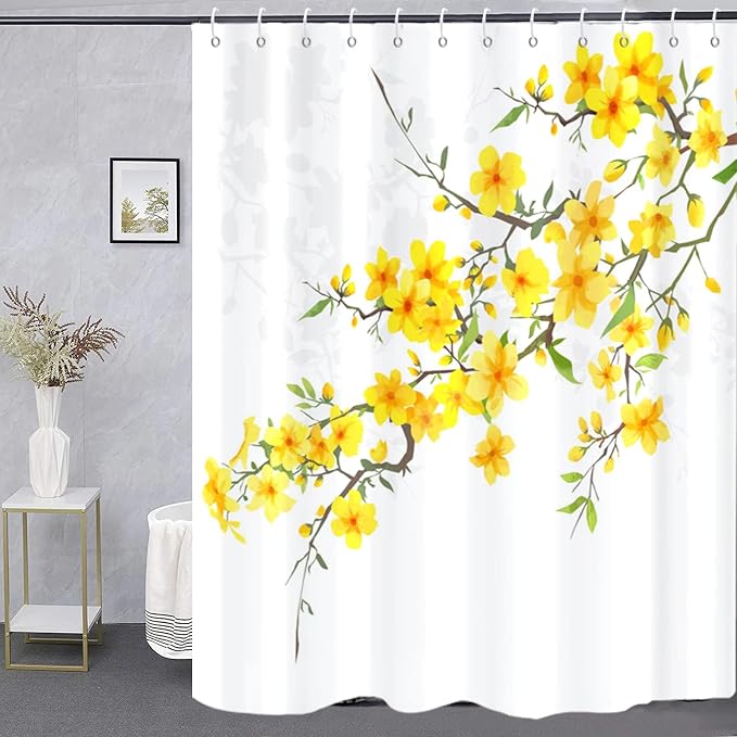 Yellow Floral Extra Long Shower Curtain, Flower Blossom Plant Botanical Spring Durable Waterproof Fabric Machine Washable with Hooks for Bathroom Bathtub 72Wx84H