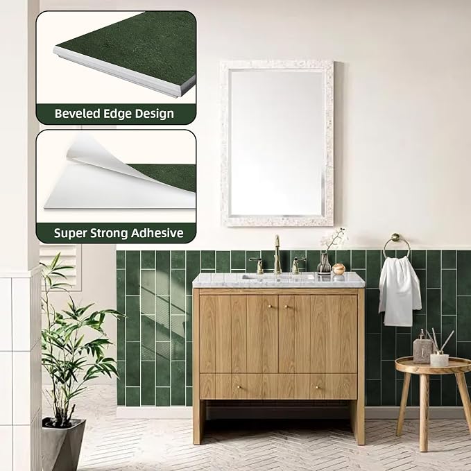 Tilingview 30 PCS Peel and Stick Backsplash Tile for Kitchen/Bathroom/Living Room, 3"x 9" Self-Adhesive Subway Tile for Backsplash, Handmade Imitation Glazed Tiles(Glossy Dark Olive Green)