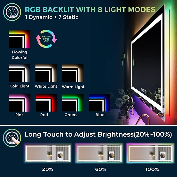 96x36 LED Bathroom Mirror with Lights, RGB Backlit Lighted Mirror | Backlit and Front Light, Anti-Fog, 3 Color Dimmable, Memory, Tempered Glass, IP54 Waterproof, UL Listed