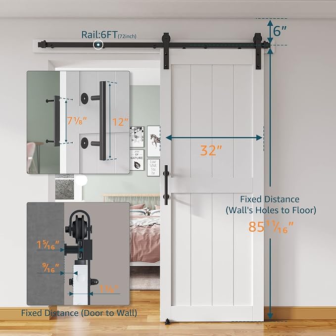 32''x84'' Sliding Barn Door with 6 Ft Barn Door Hardware Kit | Pre-Drilled Holes Easy Assembly - Include Installation Manual, Water-Proof PVC Surface, H-Frame, White