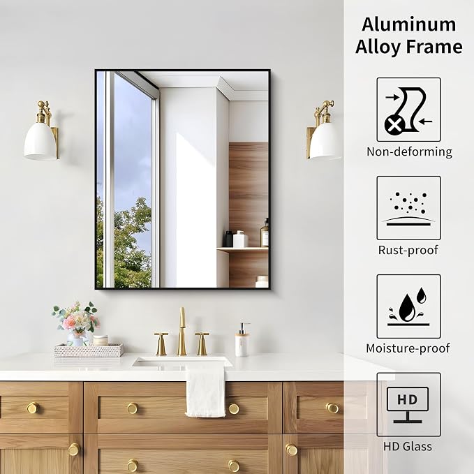 KOCUUY Black Mirror, 24x30 Inch Rectangle Bathroom Mirror for Over Sink, HD Tempered Glass, Anti-Rust Frame, Modern Design for Bathroom, Bedroom, Living Room, Entryway, Hang Horizontal/Vertical