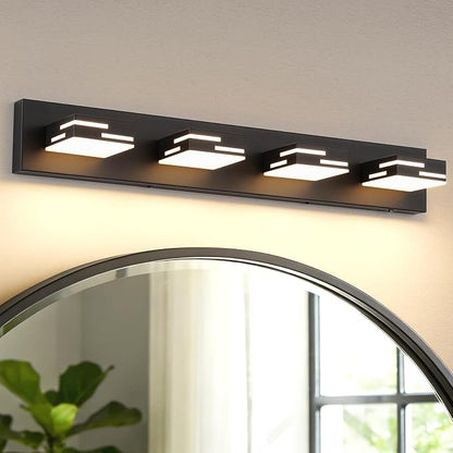 4-Light 5CCT Modern Bathroom Vanity Light Fixtures, 30-Inch 350° Rotatable LED Vanity Lights Over Mirror, Dimmable Matte Black Wall Sconce with Frosted Acrylic Shade