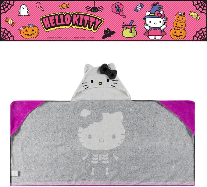 Sanrio Hello Kitty Skeleton Halloween Kids Super Soft Bath/Pool/Beach Soft Cotton Terry Hooded Towel Wrap, 24 in x 50 in, (Officially Licensed Product) by Franco