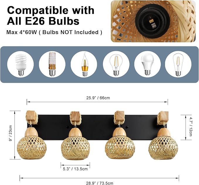Farmhouse Bathroom Light Fixture, 4-Light Boho Vanity Light, Bamboo Bathroom Light Fixture Over Mirror Rustic Vanity Lighting with Handmade Bamboo Shades, Suit for Restroom, Bedroom, Hallway