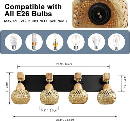 Farmhouse Bathroom Light Fixture, 4-Light Boho Vanity Light, Bamboo Bathroom Light Fixture Over Mirror Rustic Vanity Lighting with Handmade Bamboo Shades, Suit for Restroom, Bedroom, Hallway
