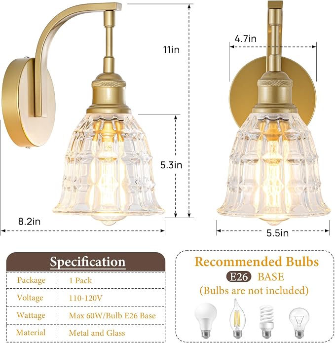 Gold Bathroom Wall Sconce, 1-Light Modern Brushed Gold Sconce Light Fixture | with Clear Glass Shade, Vintage Farmhouse Hardwired Wall Mount Lighting for Mirror Bedroom Hallway Kitchen Living Room