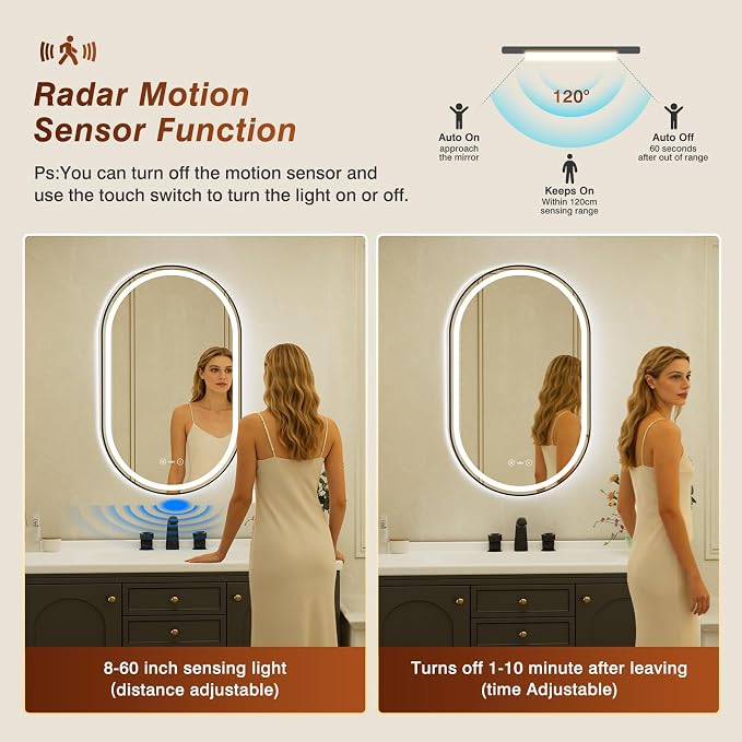 22x36 Inch Oval Black Framed LED Bathroom Mirror with Lights,Smart Bathroom Mirror,Motion Sensor,Tempered Glass,Anti-Fog,Stepless Dimmable & 3 Colors,Memory,Vanity Mirror for Wall