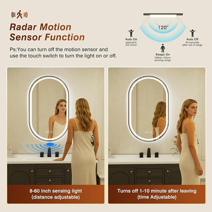 22x36 Inch Oval Black Framed LED Bathroom Mirror with Lights,Smart Bathroom Mirror,Motion Sensor,Tempered Glass,Anti-Fog,Stepless Dimmable & 3 Colors,Memory,Vanity Mirror for Wall